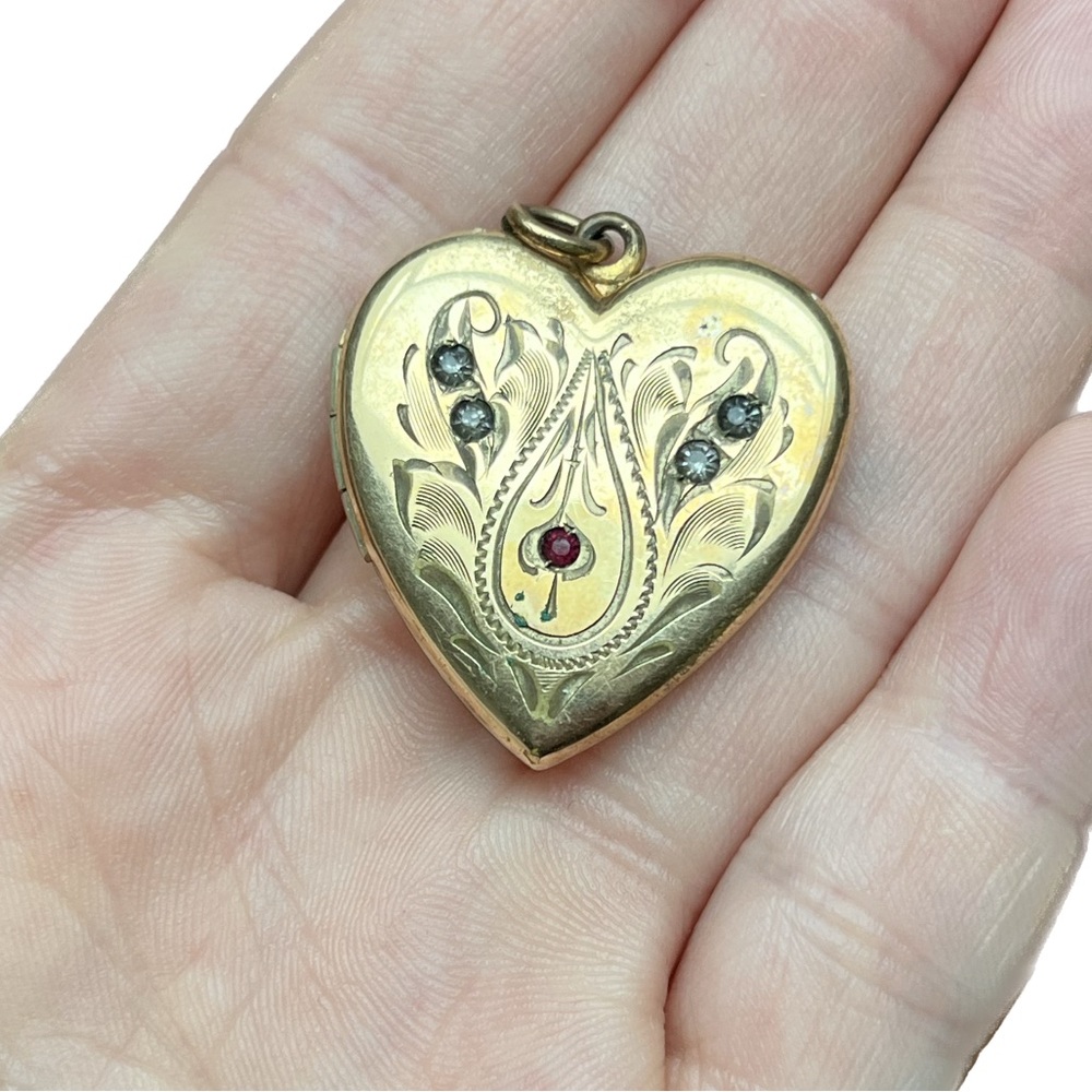 Antique Victorian GOLD-FILLED “RBM 1874 ATRICE” heart-shaped locket.